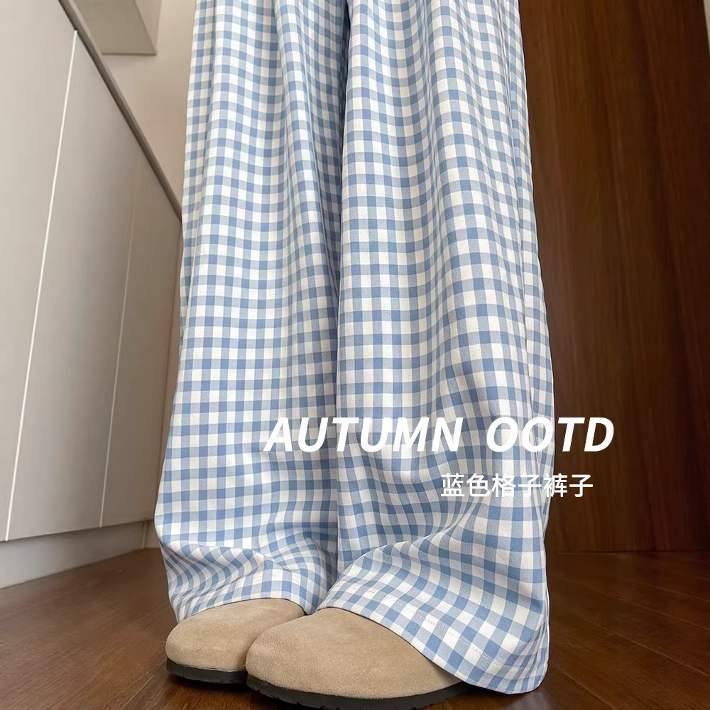 Verano nuevo color azul rosa contraste dopamina pantalones de celosía de cintura alta sensación de piernas anchas pantalones relajados pantalones casuales delgados pantalones de mujer