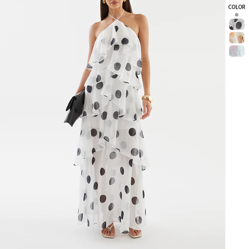 European and American Cross-Border Foreign Trade Independent Website 2026 New Polka Dot Print Halter Neck Sleeveless Top Cake Dress Women's Dress