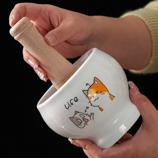 Old-Fashioned Ceramic Garlic Mortar and Pestle for Crushing Chili Peppers, Pounding Garlic, and Crushing Medicine, Suitable for Home Use with Preserved Eggs, Garlic Mortar, Stone Mortar, and Garlic Paste Crusher