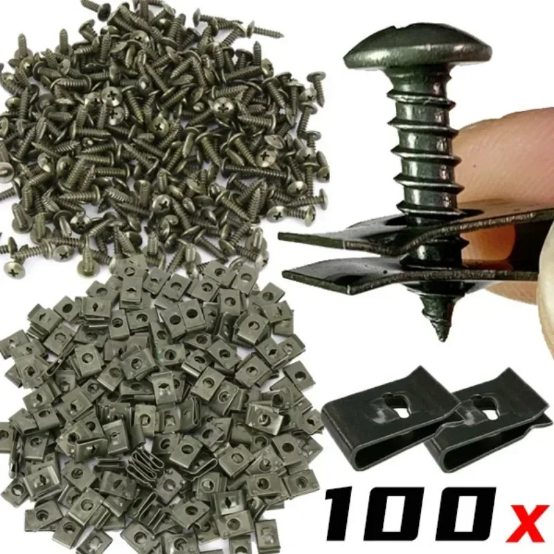 100PCS car license plate screw iron sheet self-tapping screw nut base fixing buckle metal U-shaped clip metal