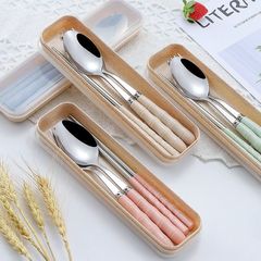不锈钢便携餐具三件具筷子勺子叉子食品级上班族单人餐具套装盒装