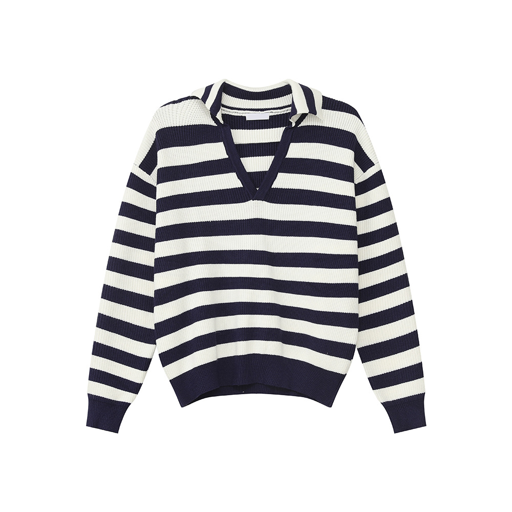 MTLCLOTHES Hombres| Contraste rayas marinas estilo retro relajado cuello en V suéter de punto suelto