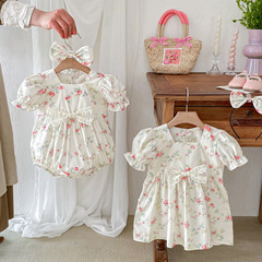 24夏季韓版嬰兒衣服女童短袖包屁衣服三角爬女童時尚連衣裙姐妹裝
