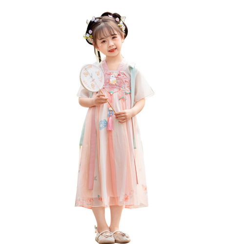 Jade Rabbit Summer New Short Sleeve Hanfu Dress Children's Chinese Style Skirt Internet Celebrity Baby Fairy Embroidery