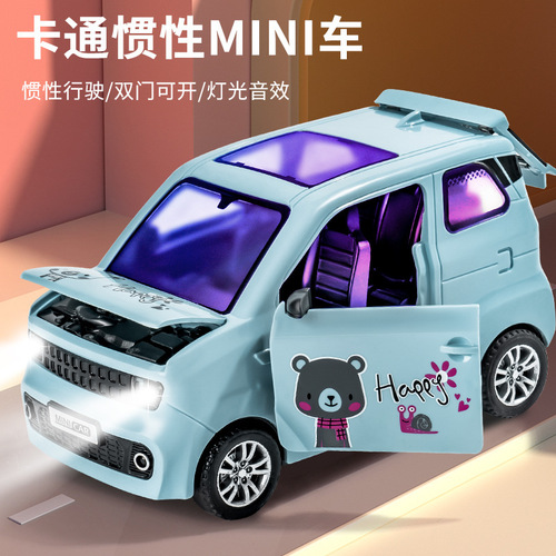 Mini plastic car model with opening doors, lights, music, and inertia for children, durable and crash-resistant