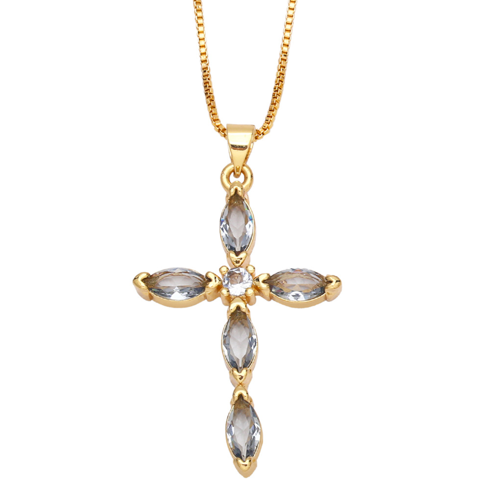 fashion cross copper gold-plated inlaid color zircon necklace
