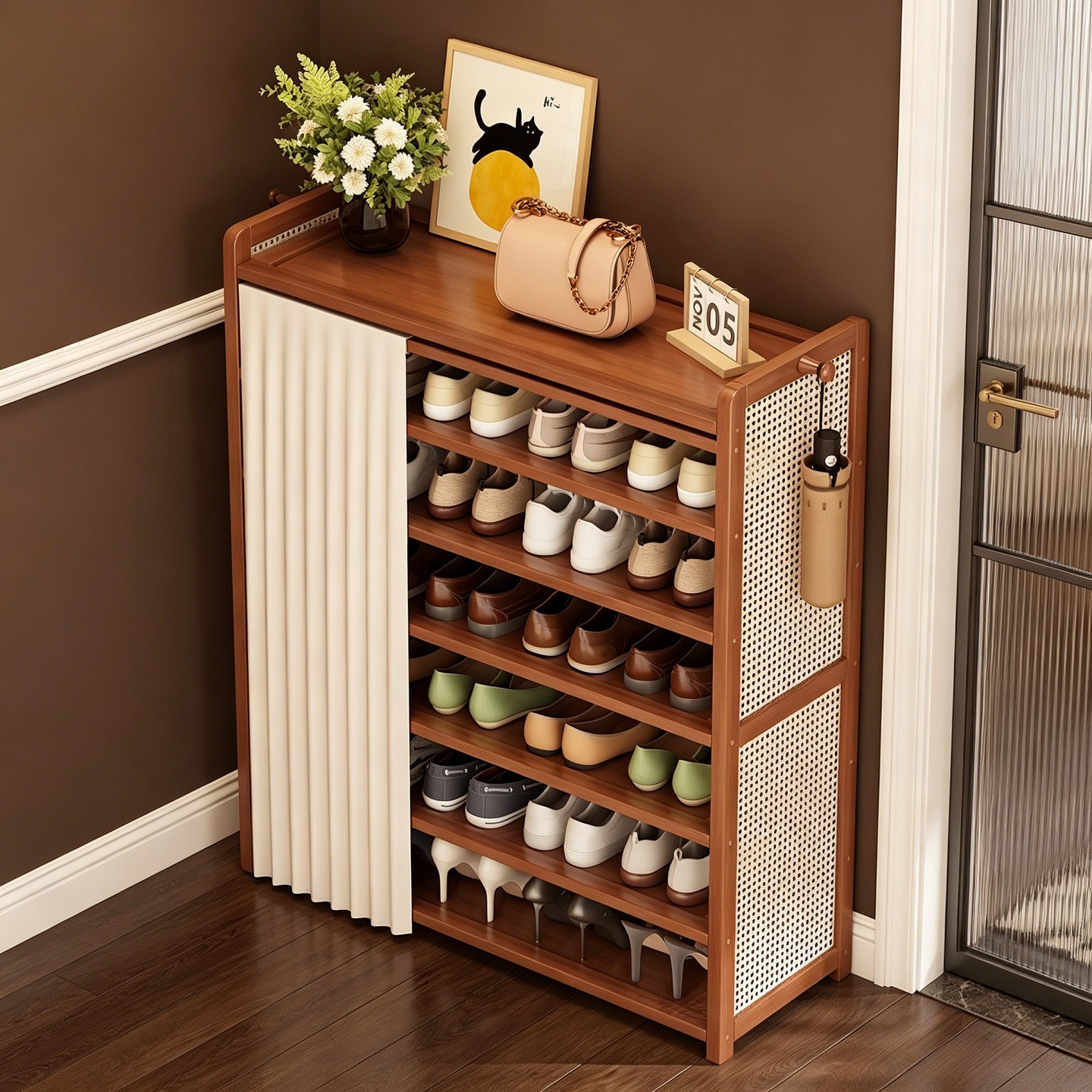 Shoe Rack Integrated with the Entrance Cabinet, Multi-Layer Dustproof Household Entryway Storage Shelf, Simple Small Shoe Cabinet for Rental Apartments