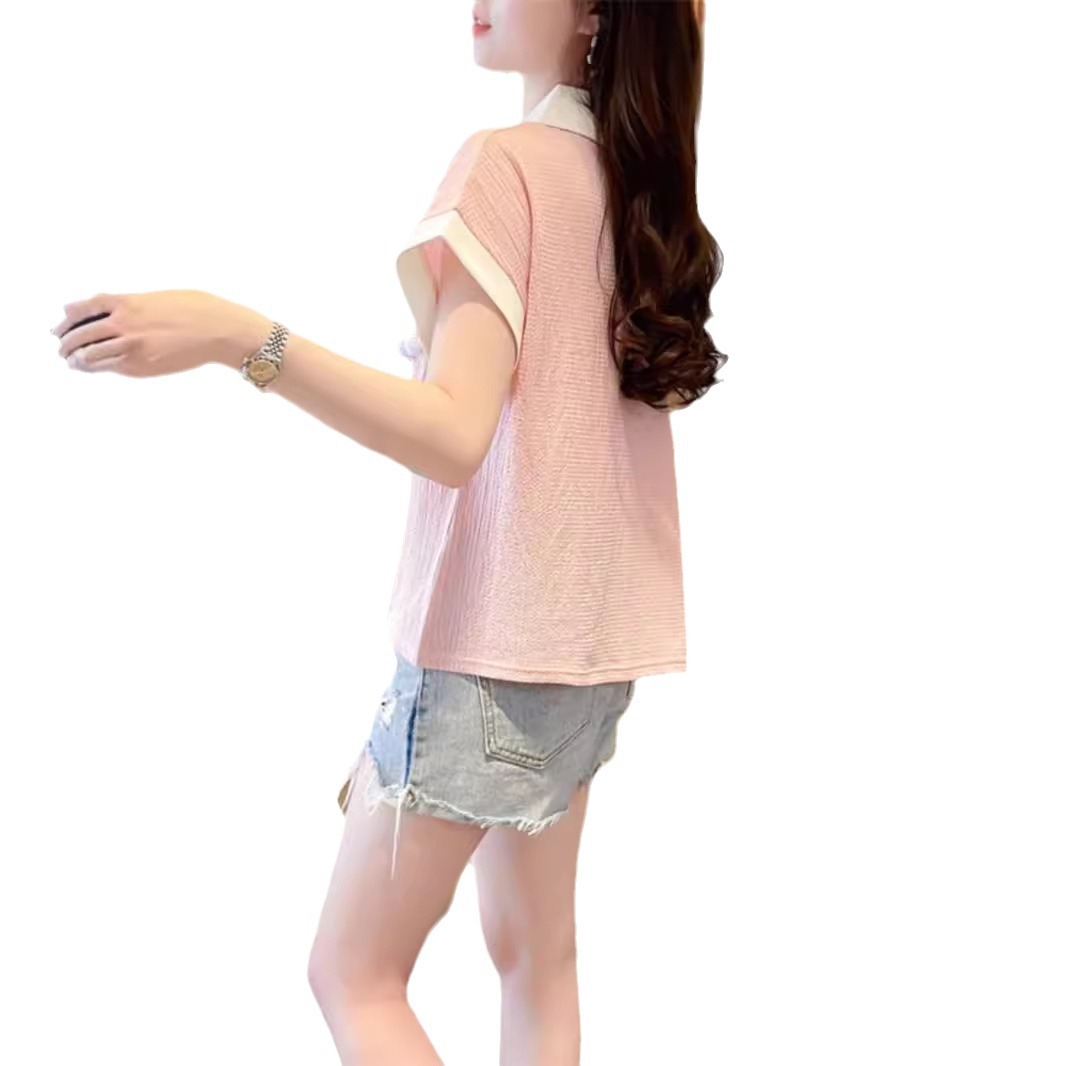 Tops de cuello de polo de bolsillo de color de contraste de textura de gran tamaño para mujer 2024 verano nuevo estilo suelto y delgado camiseta de manga corta para mujer