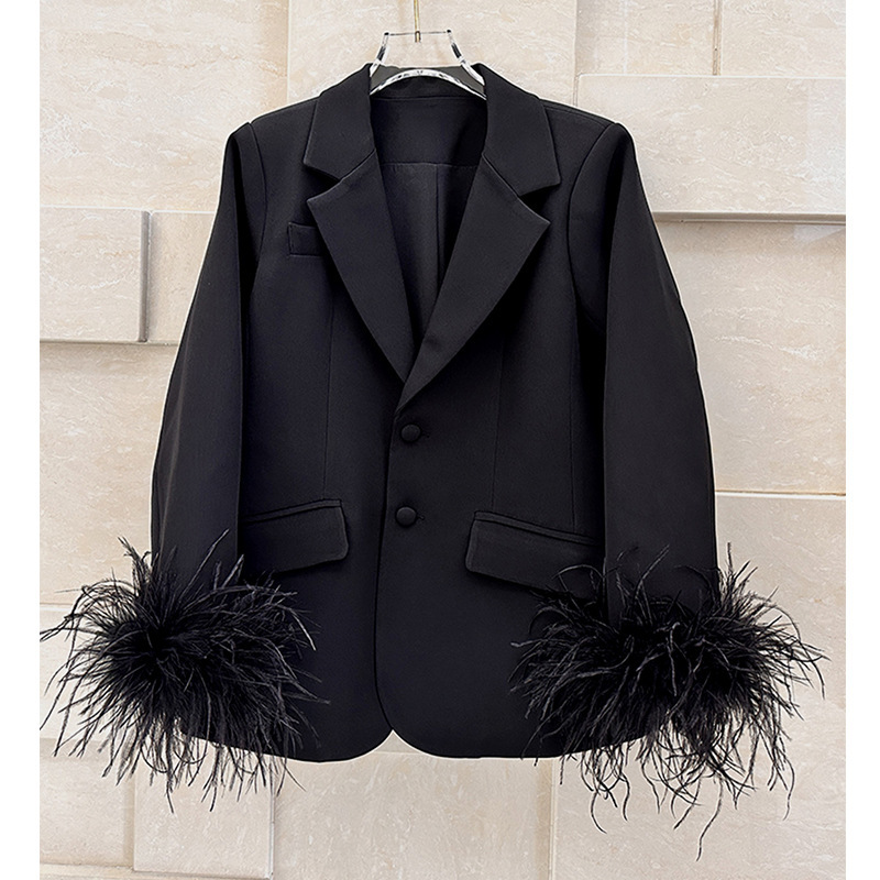 New Niche Celebrity Ladies Private Dress Design Sense Ostrich Hair Loose Suit Jacket Women's Black Long Sleeve Small Suit Top New Niche Celebrity Ladies Private Dress Design Sense Ostrich Hair Loose Suit Jacket Women's Black Long Sleeve Small Suit Top