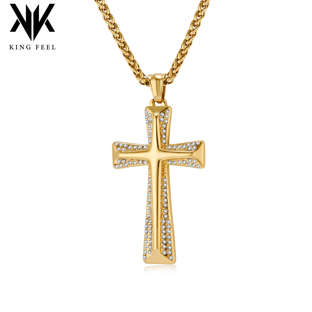 Gouden kruisketting van titaniumstaal met strasssteentjes_voghion.com