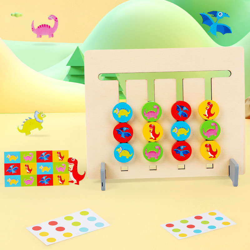 Dinosaurio de cuatro colores juego de madera de doble cara Montessori iluminación ayudas didácticas desarrollo de inteligencia juguetes educativos de educación temprana para niños