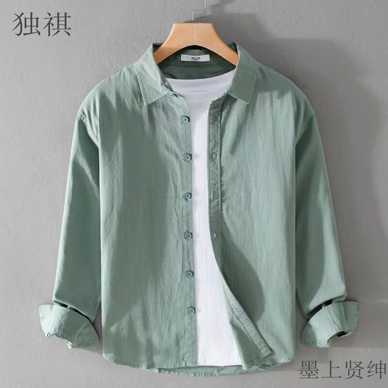 Thin Linen Shirt Men's Long-sleeved Casual Loose Cotton and Linen Shirt Linen Fabric Top White Inner Fashion Spring and Summer