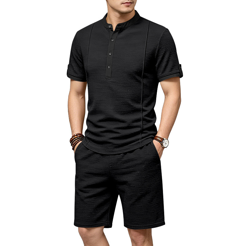 Men's Casual Henley Short Sleeve T-Shirt And Shorts Set Comfort-Focused Polyester Design for Summer_viptrois.com