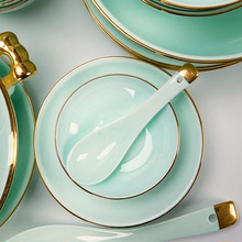 歐式金邊創意簡約碗盤組合 骨瓷餐具套裝碗盤家用汝窯天青餐具