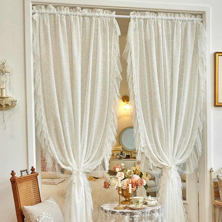 Однотонная кружевная прозрачная занавеска в стиле Chanel, волшебная лента без сверления для спальни, эркер, высококачественный карниз для перегородки.