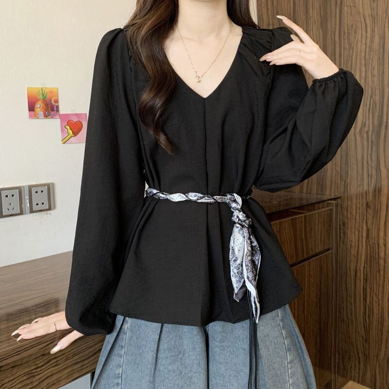Plus Size Women's New Beautiful Tie-Neck Shirt Women's Autumn New Style Temperament Versatile Waist-Cinching Right Shoulder Top