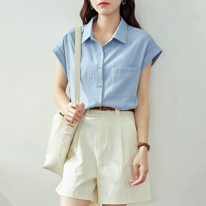 YS8 синяя женская рубашка с короткими рукавами, новинка 2025 года, маленькая рубашка в японском стиле, рабочая одежда, топ с летающими рукавами