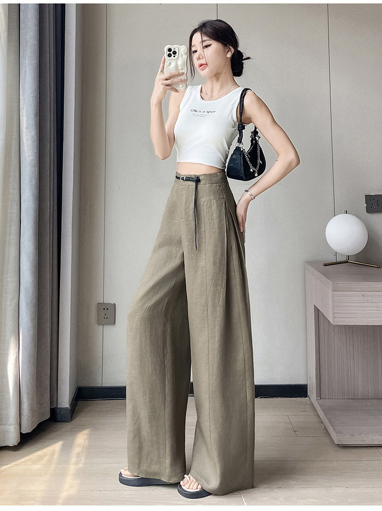 Quần ống rộng nữ chất liệu lanh pha lụa mỏng mùa hè dáng suông dài chạm đất — Màu đen thông thường chi tiết 33