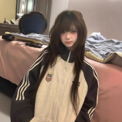 美式复古加绒开衫卫衣外套女秋2025新款重磅立领三条杠夹克棒球服