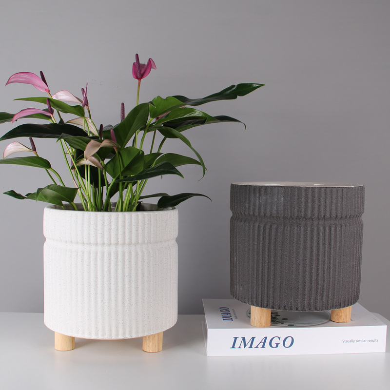 北欧简约INS风条纹多肉盆栽磨砂木脚直筒花盆桌面摆件热销现货