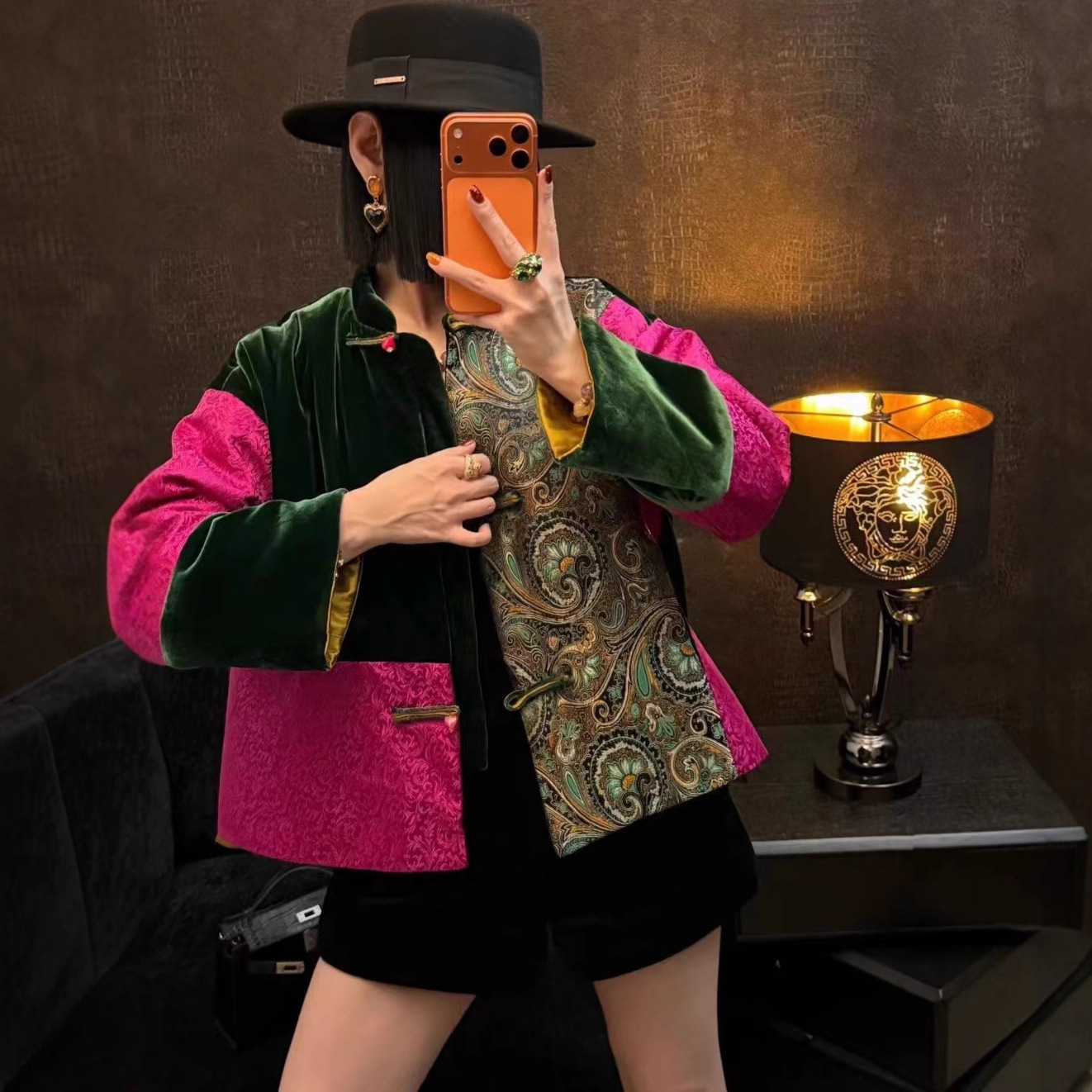 二色 新中式不规则撞色真丝丝绒夹棉外套秋冬立领宽松桑蚕丝棉衣