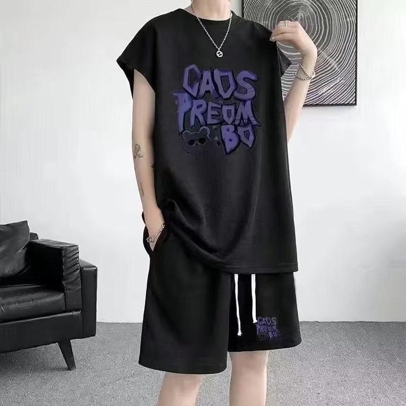 Waffle suit Men's Summer Fashion Brand Loose Sleeveless T-shirt Vest Shorts Casual Sports Two-piece Set