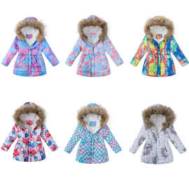 跨境童装新款女童冬装长款连帽毛领印花棉衣 外贸服装儿童棉外套