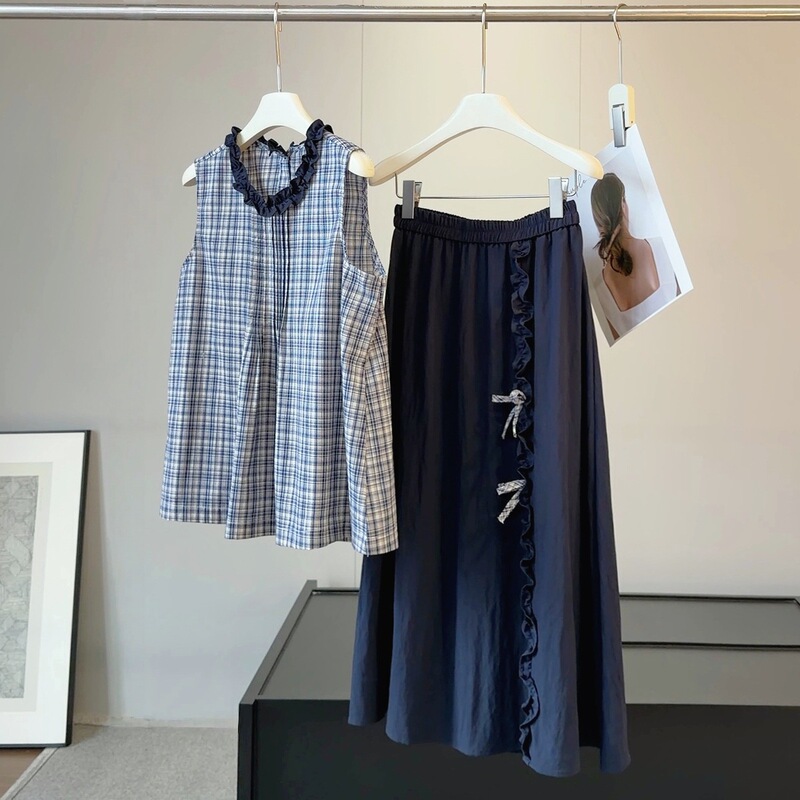 Summer New Korean Style Sweet Plaid Sleeveless Vest Babydoll Shirt + Lace Bow Skirt Two-Piece Set for Women