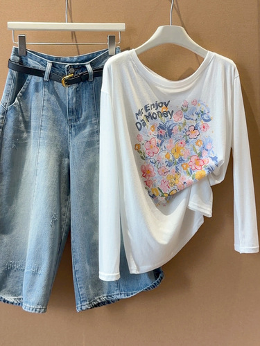White flower printed long-sleeved T-shirt for women's summer loose all-matching round neck casual lazy sun-proof blouse top