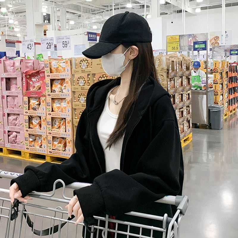 秋季外套女春秋款新款爆款连帽卫衣女宽松秋冬灰色开衫上衣女|undefined