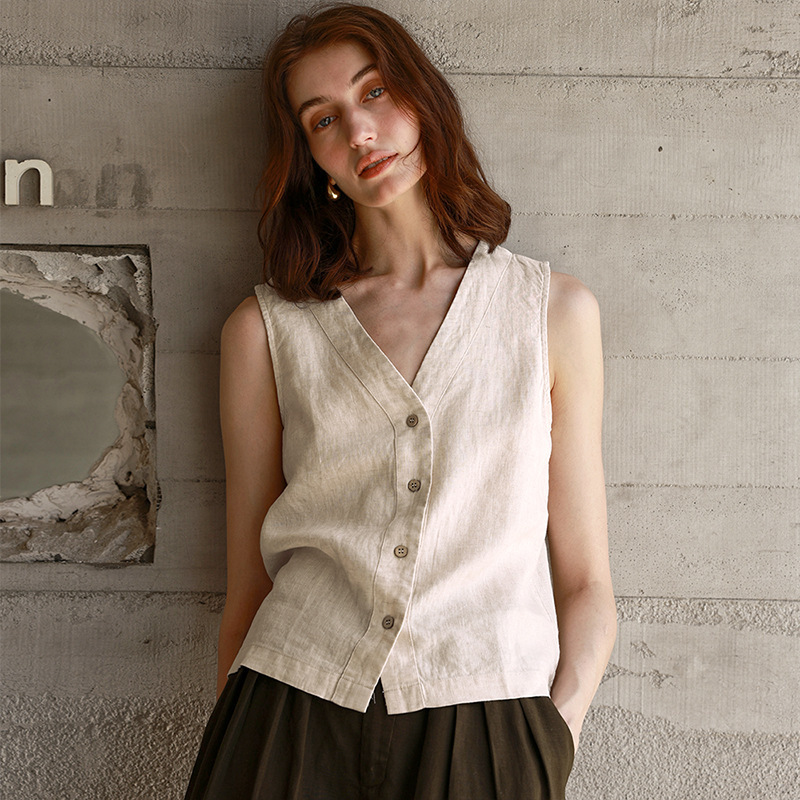 Summer Pure Linen Vest for Women, French-Style Relaxed Niche V-Neck Sleeveless Top, European and American Casual Old Money Style Tank Top