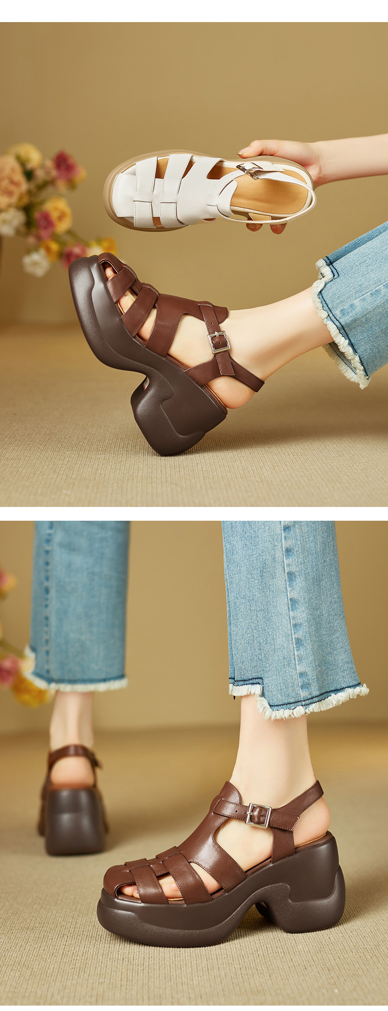 Sandal cao gót nữ mũi bao đế platform 9 cm quai chữ T kiểu La Mã — nâu sẫm chi tiết 4