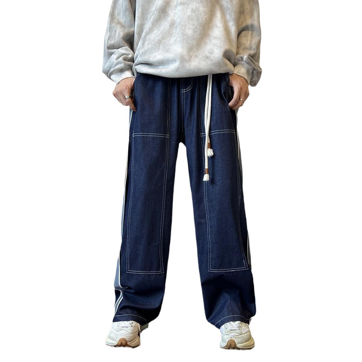 Vaqueros de los hombres otoño suelta ins moda calle overoles Primavera y oversize Pantalones rectos americanos