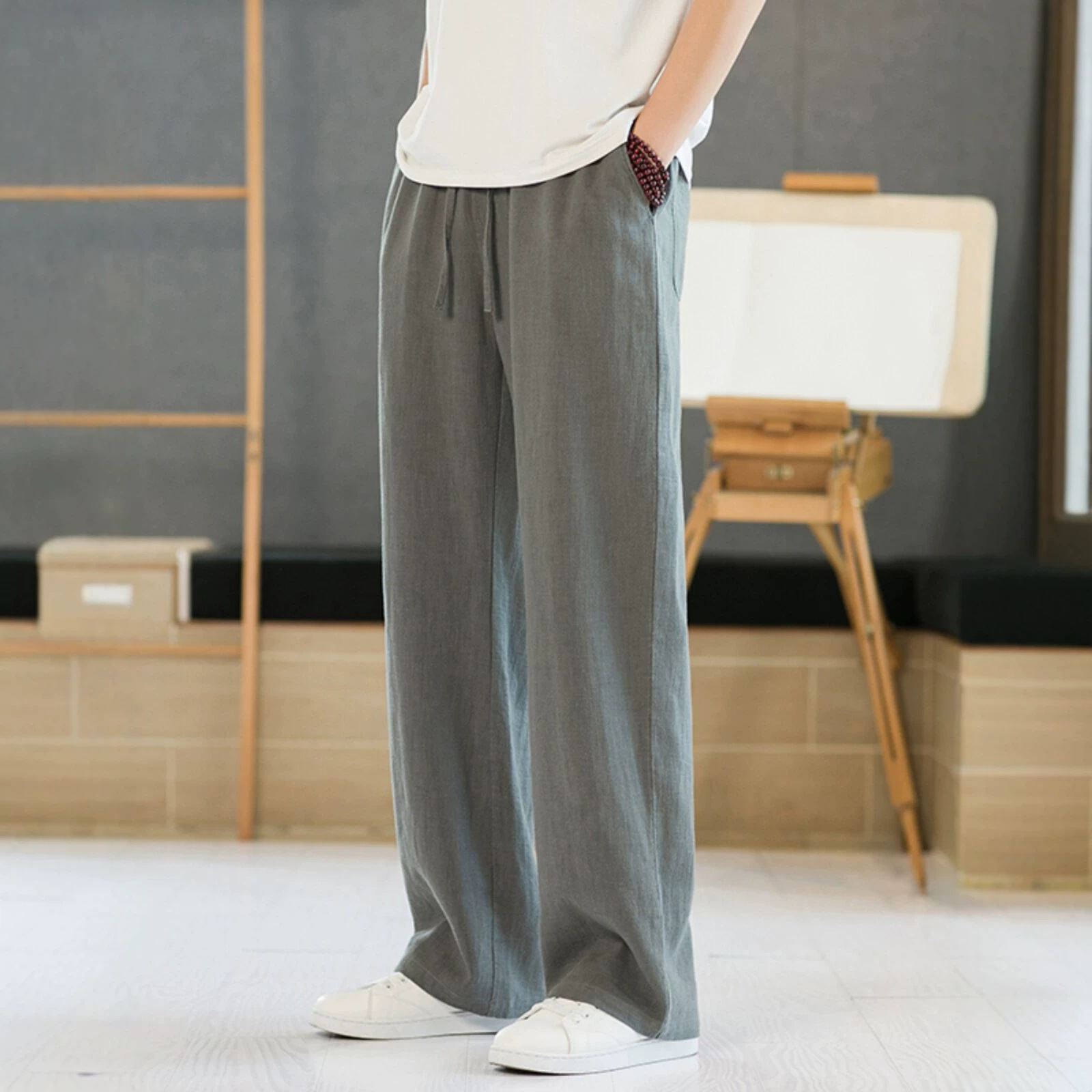 高端棉麻裤男夏季薄款宽松直筒裤子男士垂感百搭休闲长裤子男装潮