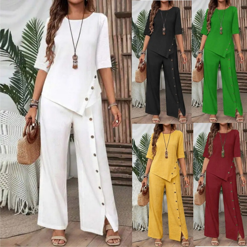 2026 Women's Irregular Hem Pants Suit Elegant Fashion Casual Button Half-Sleeve Shirt Loose Two-Piece Set