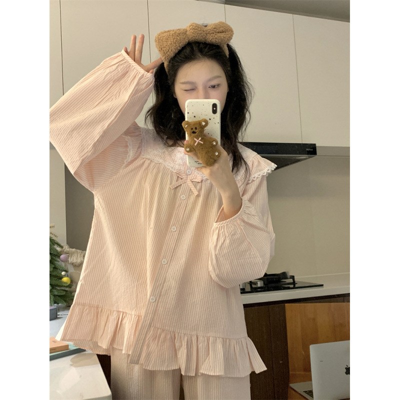 韩国ins女士新韩系条纹简约舒适花边睡衣套装休闲宽松慵懒家居服|undefined