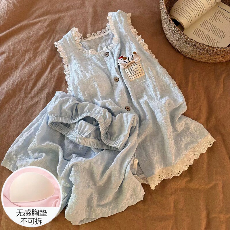 2026 New Ins-Style Women's Summer Pajamas with Cooling Effect and Chest Pads, Blue Dog Print Vest, Summer Loungewear Set 2026 New Ins-Style Women's Summer Pajamas with Cooling Effect and Chest Pads, Blue Dog Print Vest, Summer Loungewear Set