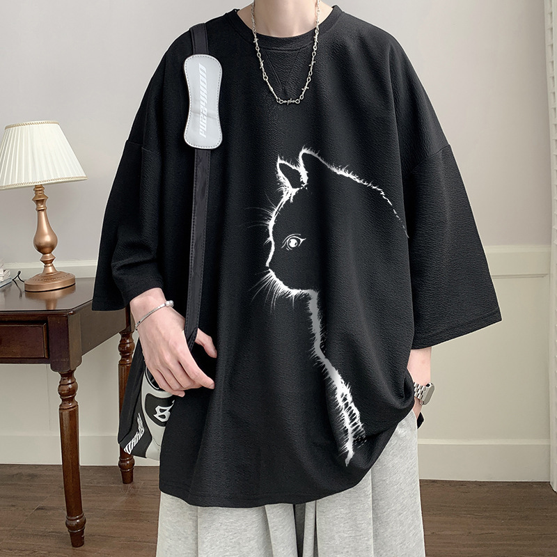 Cat Print Short-Sleeved T-Shirt Men's Hong Kong Style Summer Trendyy Ice Silk Quarter-Sleeved Loose Large Size Quick-Drying Fat T-Shirt