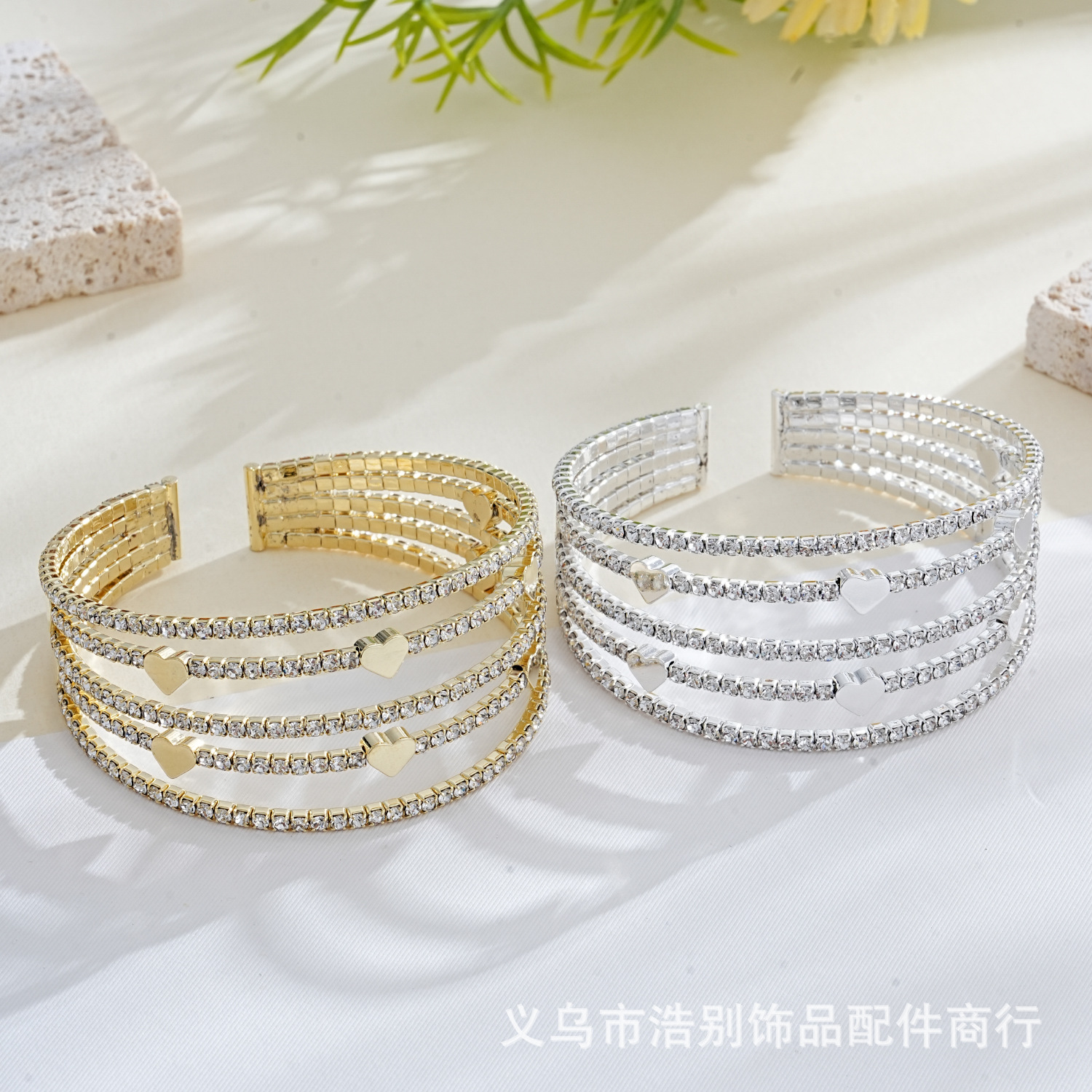 桃心钢丝水钻多排手镯轻奢风花朵开口手镯法式精致百搭手环