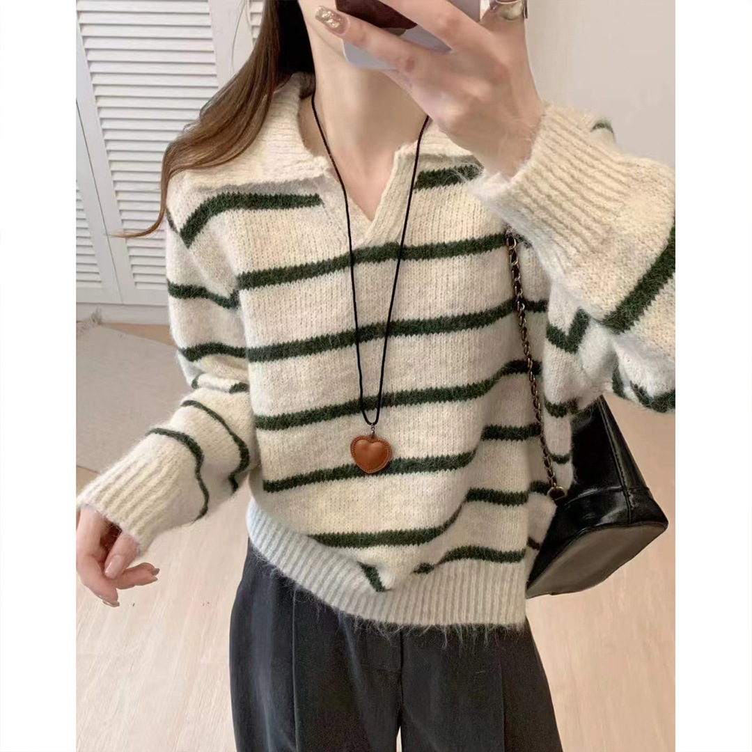 Suéter coreano con solapa para mujeres otoño y invierno nuevo estilo simple con rayas de contraste de color perezosas versátiles sueltas camisetas de punto transfronterizas image 11