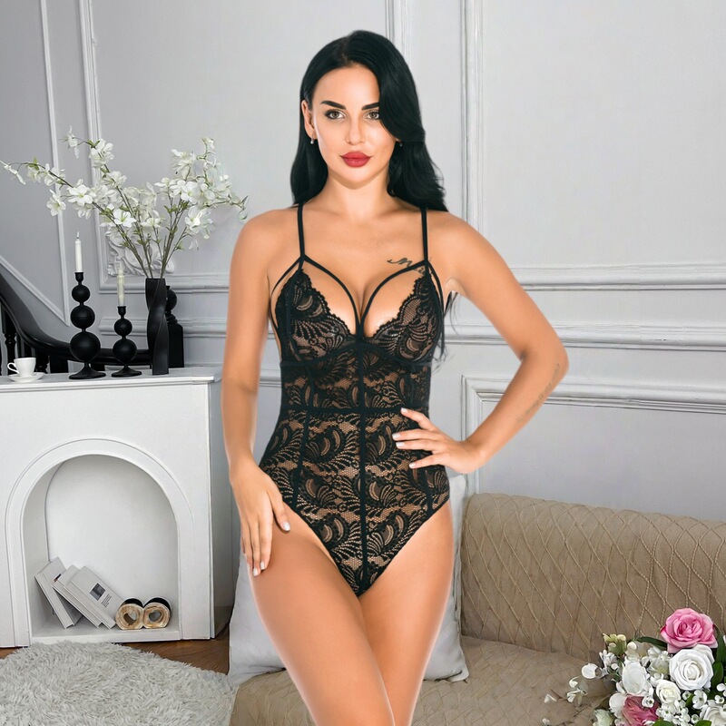 Cross-Border European and American Style Lingerie, Lightweight Lace Hollow-Out Base Layer, Push-Up Shapewear Bodysuit with Snap Buttons at the Bottom, Sexy