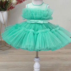 2024 Spring Sleeveless Net Dress with Solid Color Bow for Girls' Princess Dresses