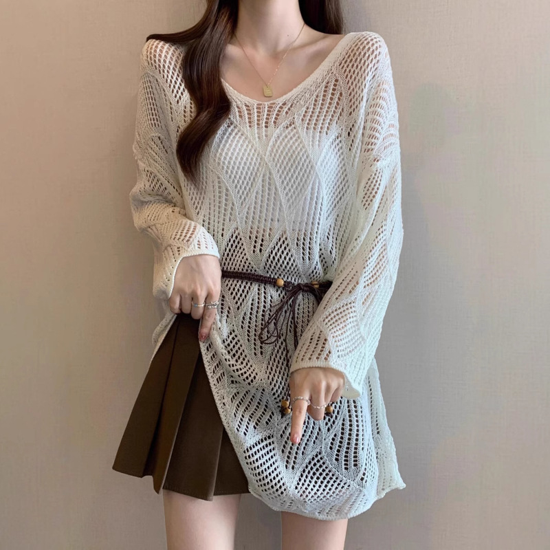 Lazy Style Hollow-Out Knit Sweater for Women 2026 Spring/Summer Waist-Cinching Mid-Length Outerwear Thin Sun-Protective Top