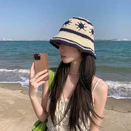 日系复古太阳花手工针织盆帽女秋冬季甜美百搭毛线帽子显脸小潮