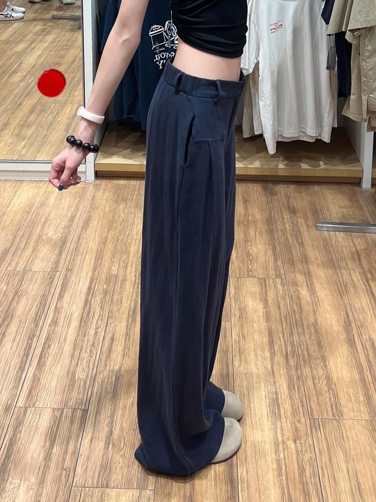 Quần culottes nữ ống rộng cạp cao vải linen phối tơ — Xanh sẫm