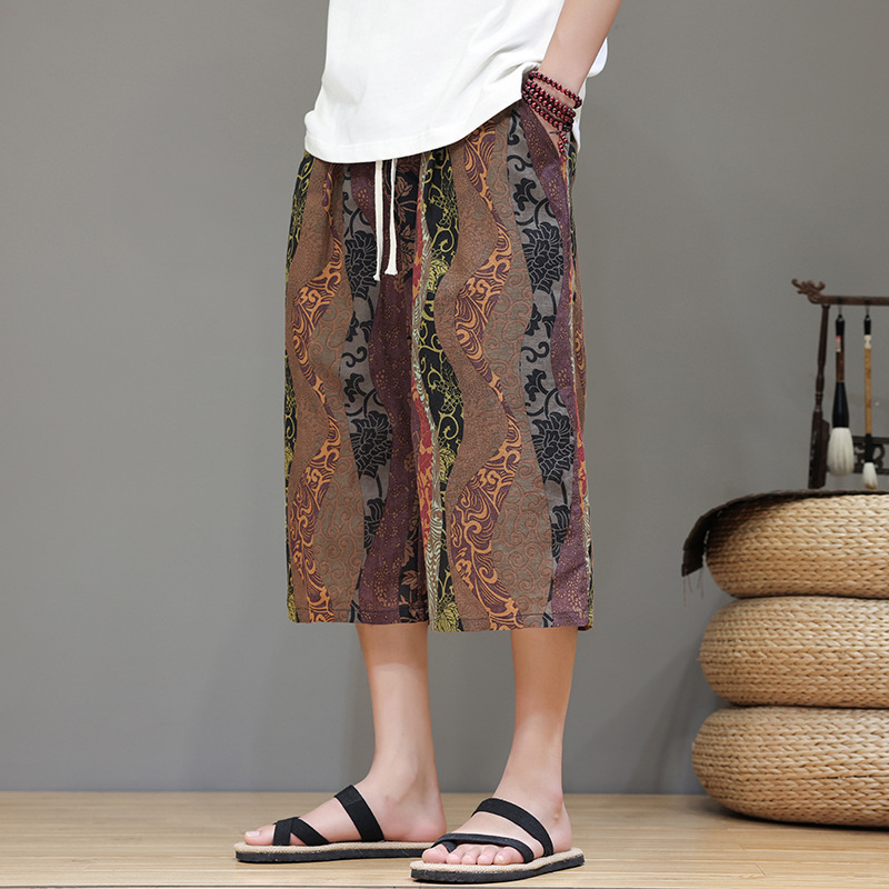 2024 Japanese Men's Cropped Pants Loose Casual Pants Chinese Style Cotton Printed Cropped Pants Straight Carrot Pants for Men