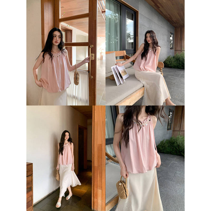 Shell Lace Flower Bud Halter Neck Tank Top for Women, Summer 2026 New Stylish Youthful Blouse