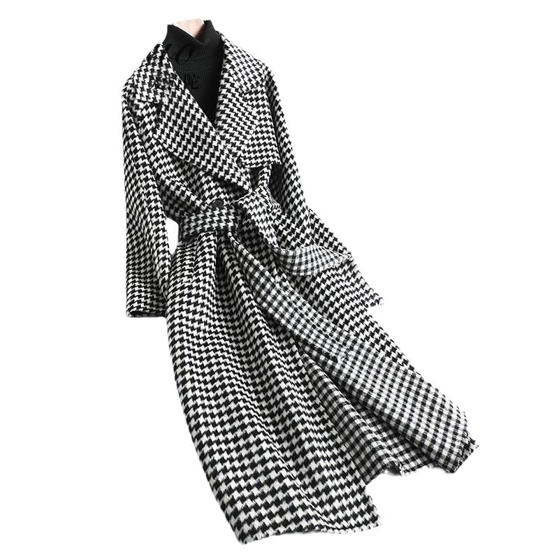 Women's Clothing mid length temperament windbreaker houndstooth autumn and winter coat loose casual retro Overcoat_voghion.com