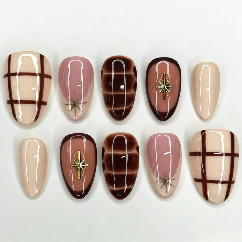 New early autumn amber starburst plaid French press-on nails, European and American Y2K high-end nail patches for trendy girls New early autumn amber starburst plaid French press-on nails, European and American Y2K high-end nail patches for trendy girls