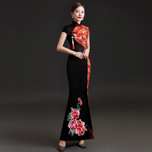China black red blue chinese dress qipao dress wind split costumes temperament of the host party black dress